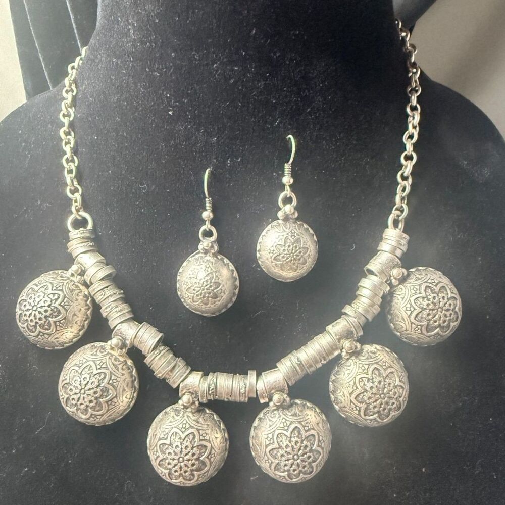 Vintage Ethnic Oxidized Silver Boho Statement Necklace and Earring Set